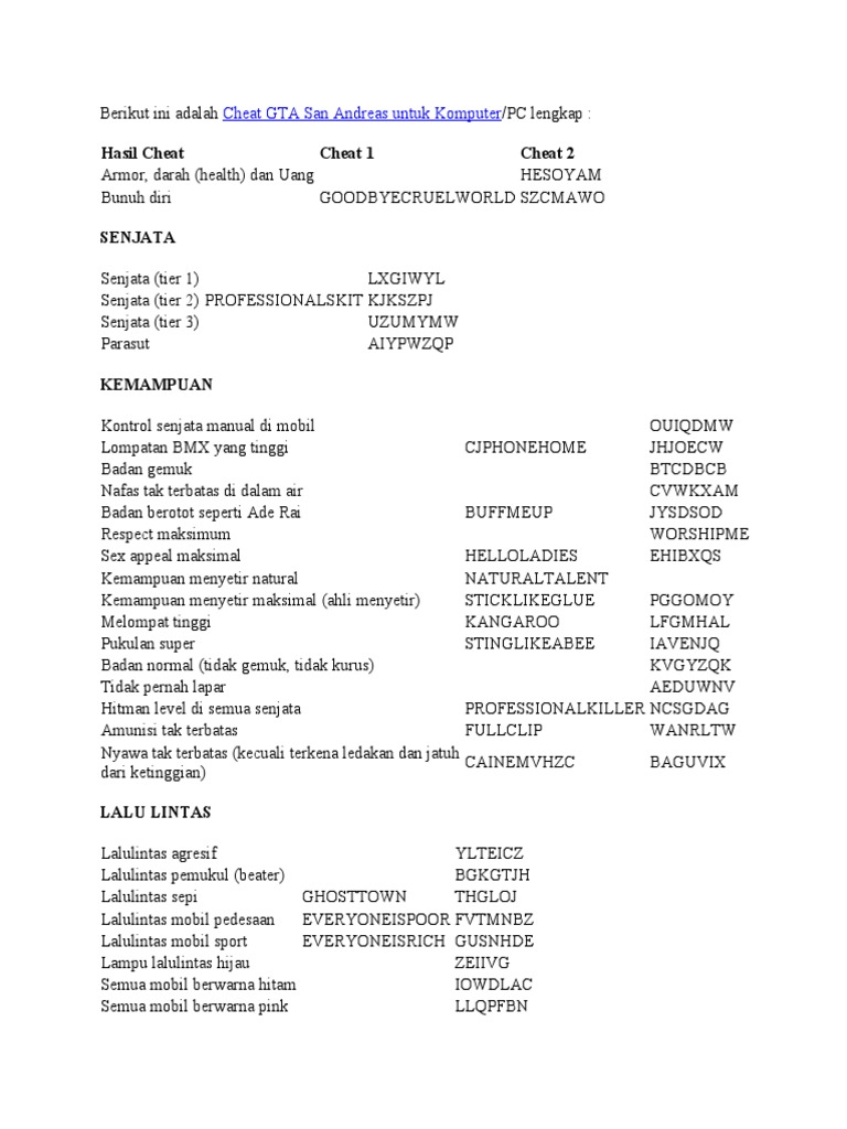 Cheat Lengkap GTA San Andreas PC PDF