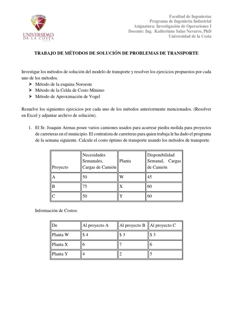 Trabajo Métodos de Solución de Problemas de Transporte | PDF ...