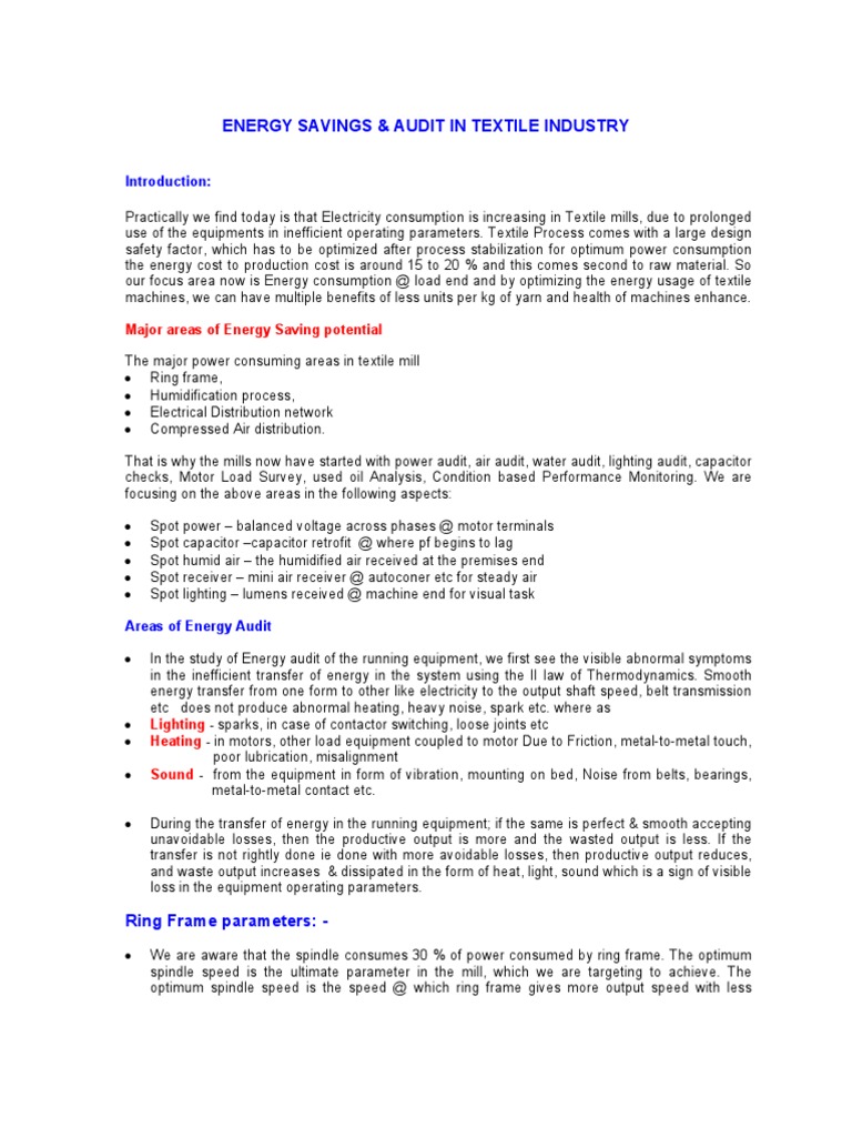 Energy Savings Audit in Textile Industry | PDF | Transformer | Electric ...