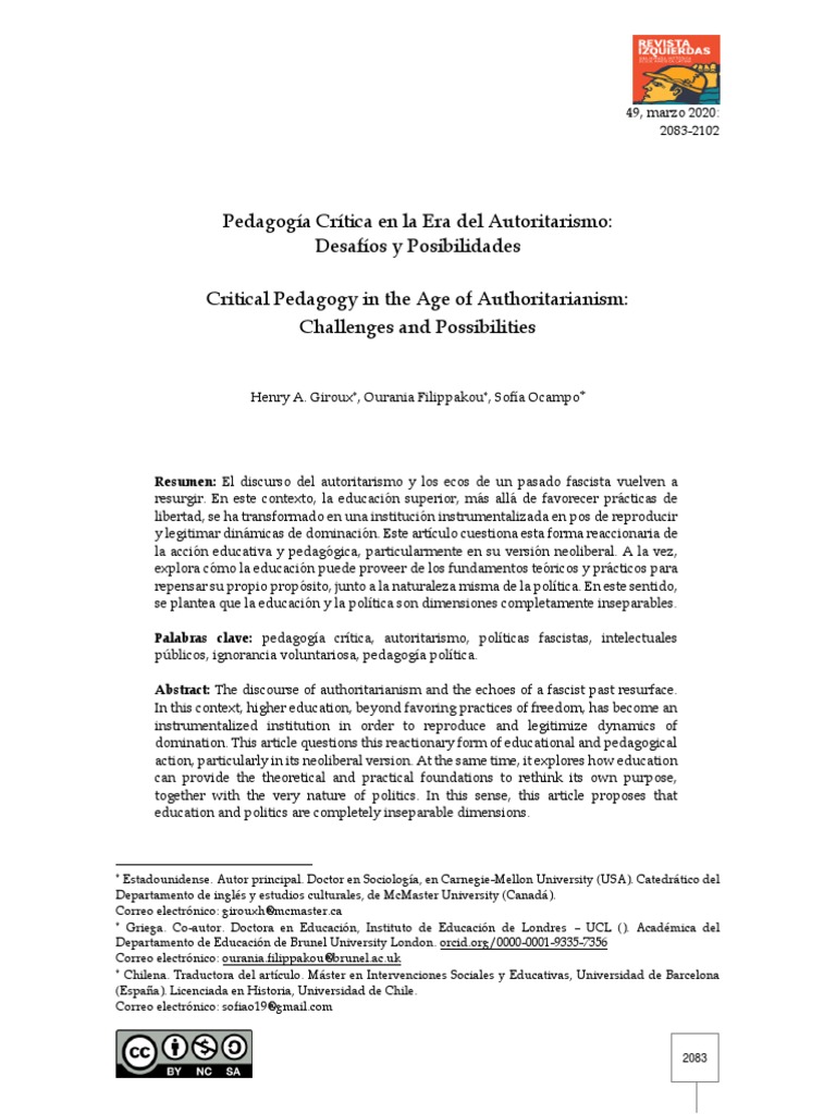Pedagogía crítica en la era del autoritarismo desafíos y posibilidades