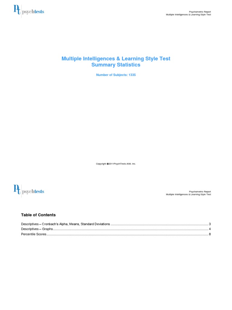 Multiple Intelligences & Learning Style Test Summary Statistics | PDF ...
