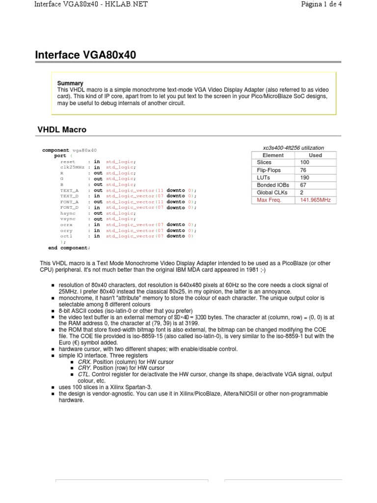 Interface VGA80x40: VHDL Macro | PDF | Field Programmable Gate Array ...