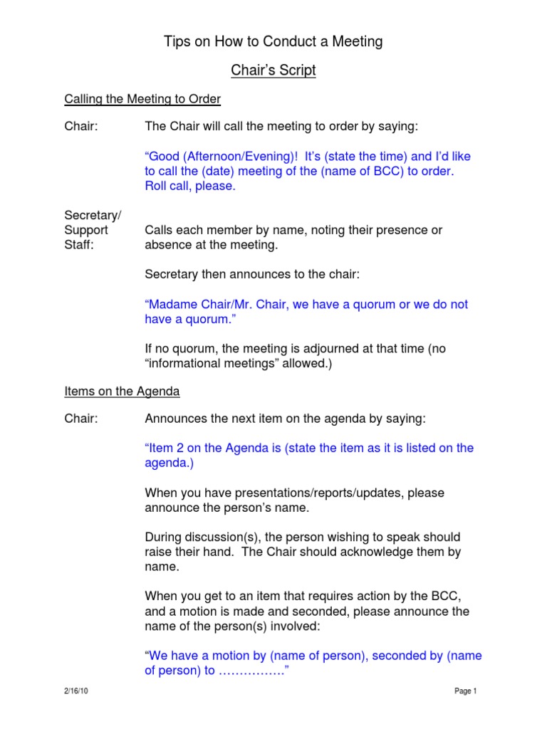 Tips On How To Conduct A Meeting Chair's Script | PDF | Group Decision ...
