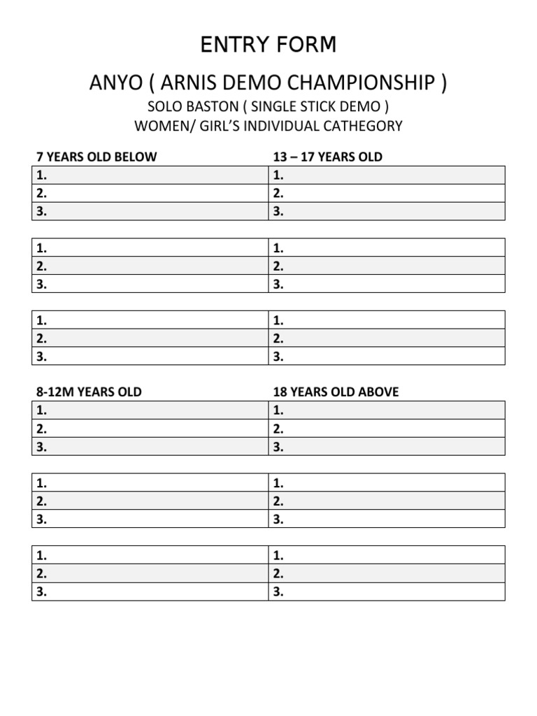 Entry Form for the ANYO Arnis Demo Championship Women's/Girls