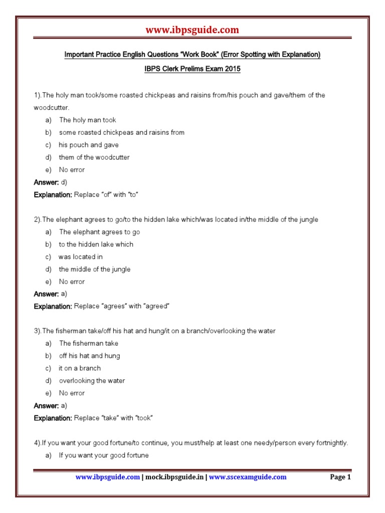 Important Practice English Questions "Work Book" (Error Spotting With