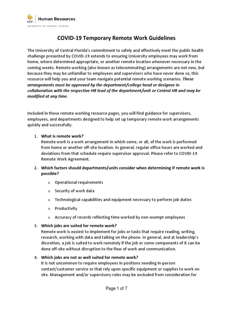 UCF Remote Work Guidelines During COVID-19 | PDF | Telecommuting ...