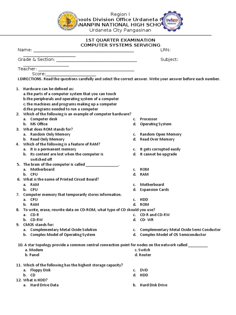 Grade 11 CSS 1st Quarter Exam | PDF | Network Topology | Personal Computers