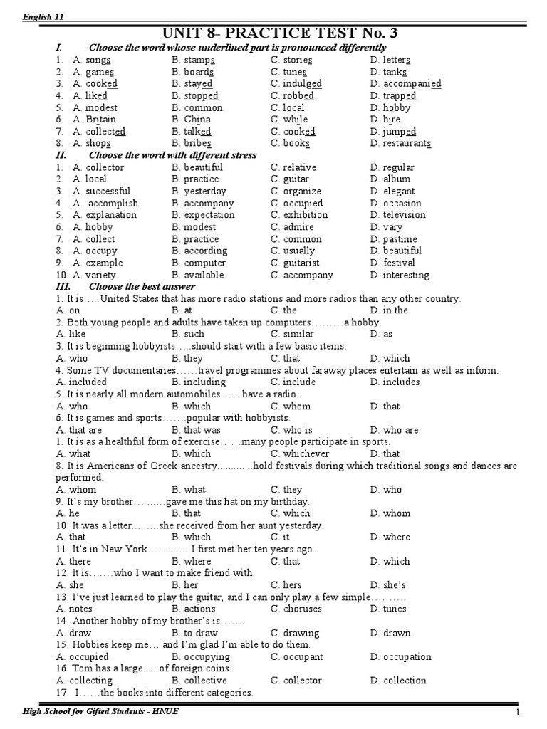 Unit 8 - Practice Test No. 3 - Cleft Sentence | PDF | Gardens | Hobbies