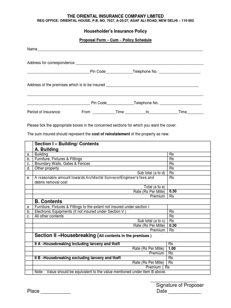 Proposal Form Householders Insurance Policy PDF Insurance Private Law