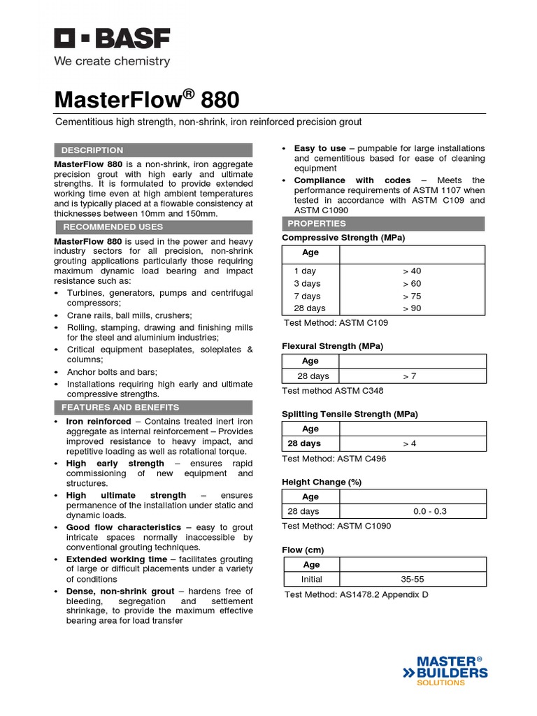 Masterflow 880: Cementitious High Strength, Non-Shrink, Iron Reinforced ...