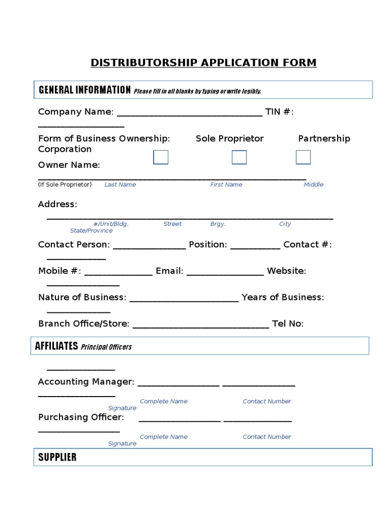 DISTRIBUTORSHIP APPLICATION FORM Blank PDF Signature Sole