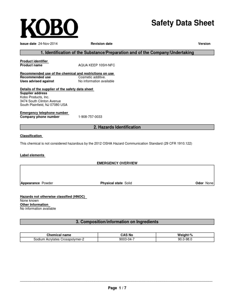 Safety Data Sheet 1. Identification of The Substance/Preparation and