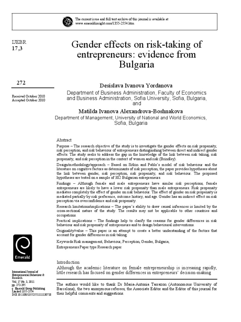Gender Impact on Entrepreneurial Risk | PDF | Risk | Decision Making