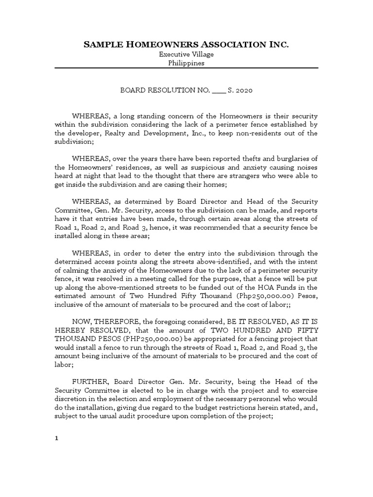 Sample HOA Board Resolution PDF Justice Crime & Violence