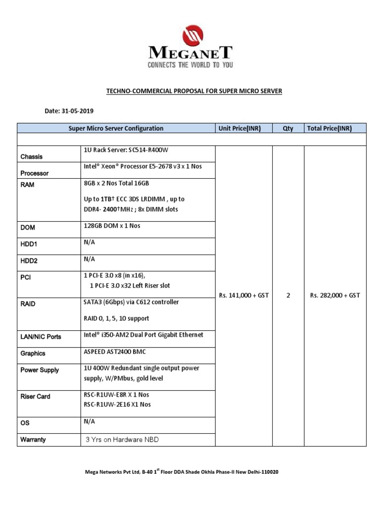 Date: 31-05-2019 Super Micro Server Configuration Unit Price (INR) Qty ...