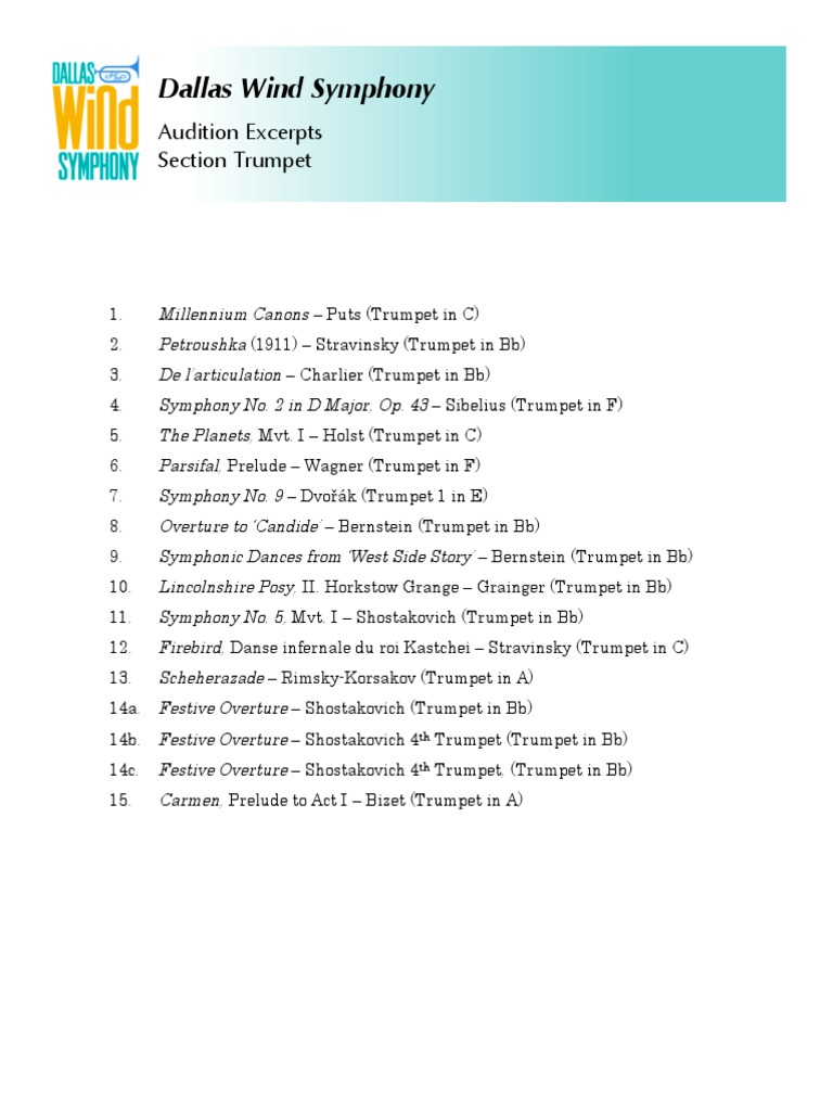 Dallas Wind Symphony Trumpet Audition Excerpts PDF Symphony