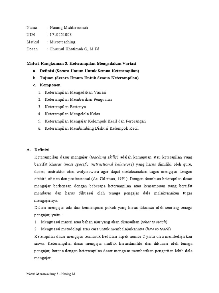 Rangkuman 3 Keterampilan Mengadakan Variasi