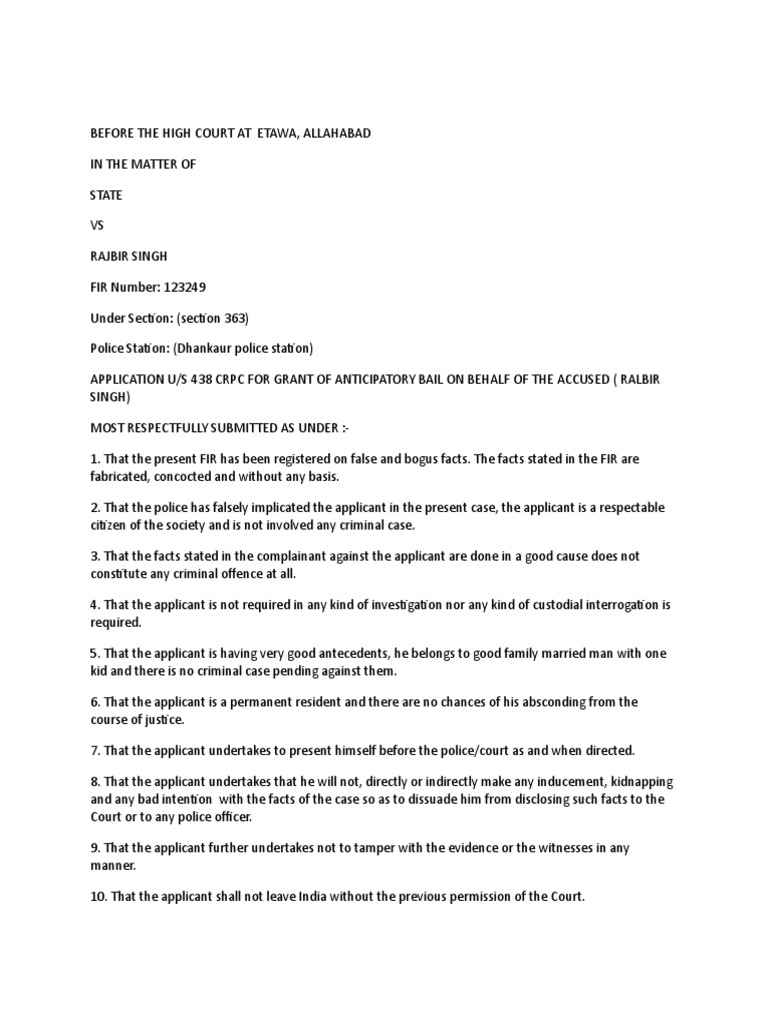Anticipatory Bail Application for Rajbir Singh | PDF | Law