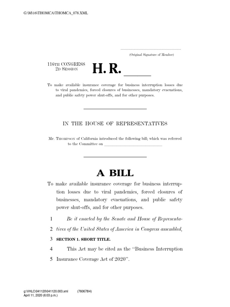 Business Interruption Insurance Coverage Act of 2020