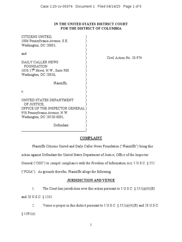 FOIA Complaint Against DOJ OIG | PDF | Freedom Of Information Act ...