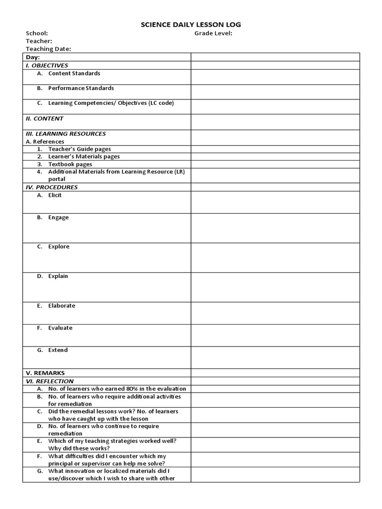 Template of Science Daily Lesson Log PDF
