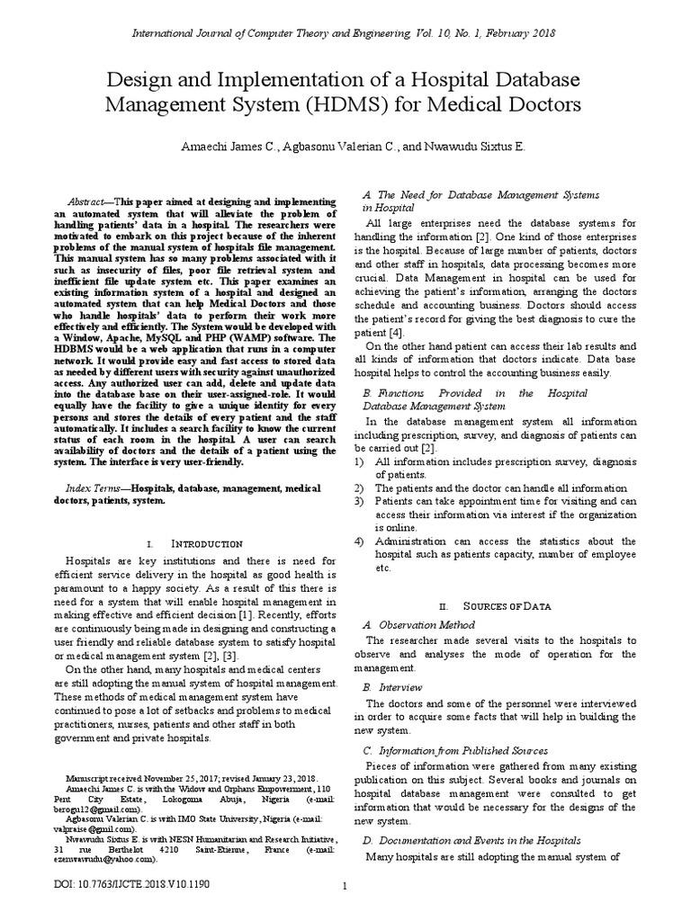 Hospital Database Management System (HDMS) | PDF | Databases | Computer ...
