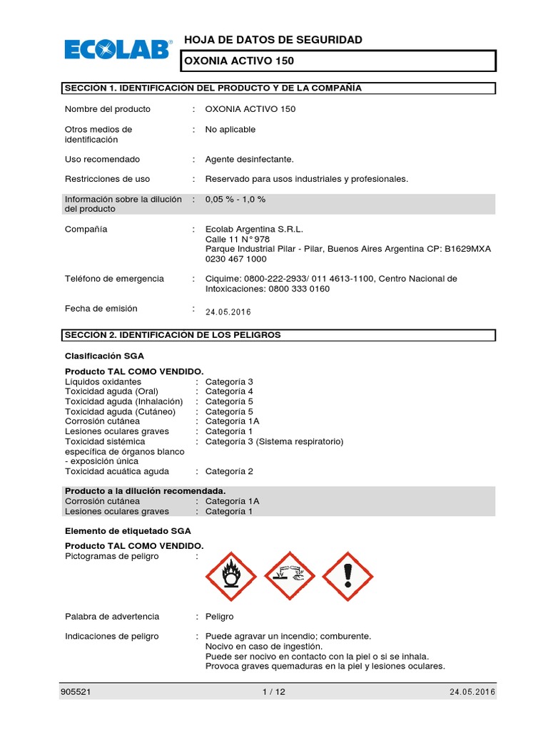 Hoja De Datos De Seguridad Oxonia Activo 150 Sección 1. Identificación