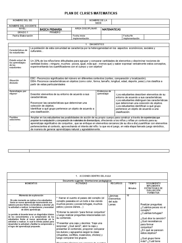 Plan Clases Matematicas Primer Grado | PDF | Salón de clases | Aprendizaje