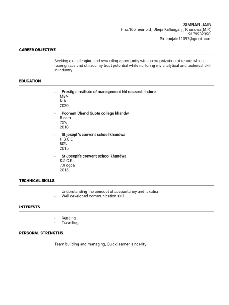 Simran Jain's Resume: Skills & Education | PDF