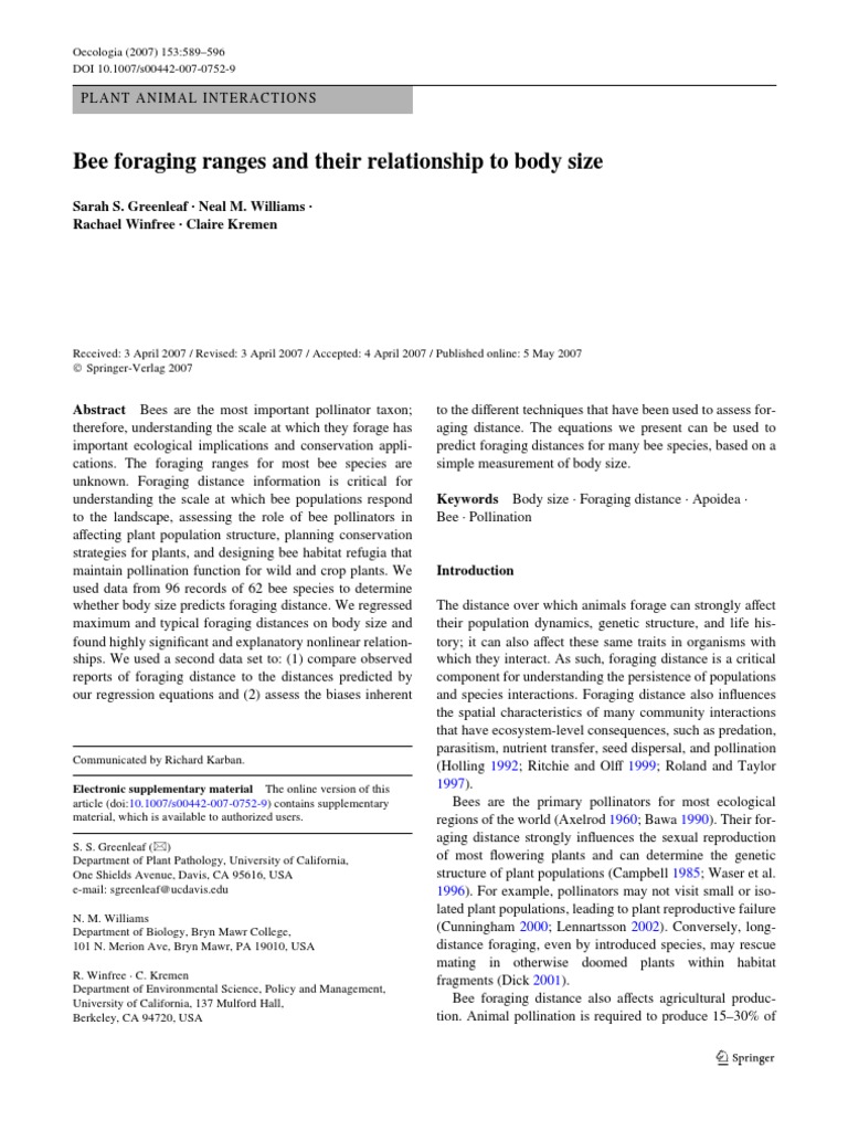 Bee Foraging Ranges and Their Relationship To Body Size | PDF ...