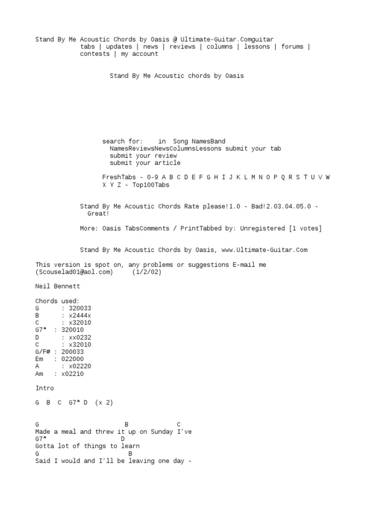 Stand by Me Acoustic Chords by Oasis at UltimateGuitar Com PDF