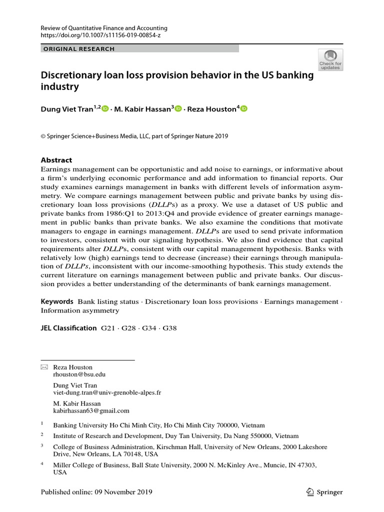 Discretionary Loan Loss Provision Behavior in The US Banking Industry ...