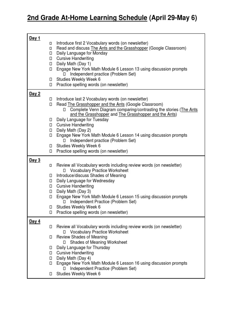 2nd Grade Learning Schedule 4/29-5/6 | PDF | Worksheet | Behavior ...