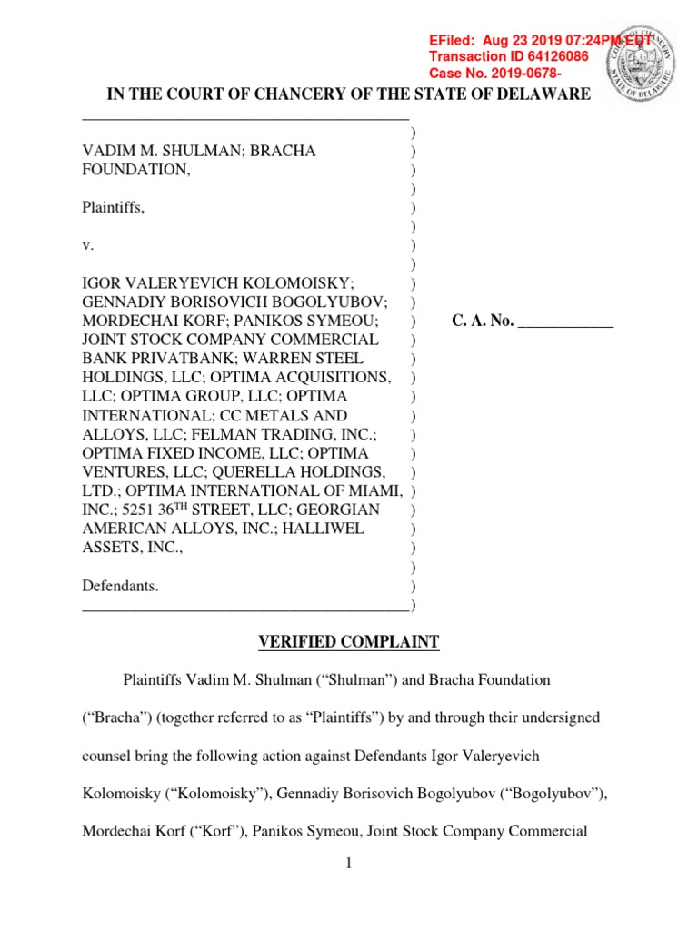 Vadim Shulman August 2019 Delaware Lawsuit Against Ihor Kolomoisky