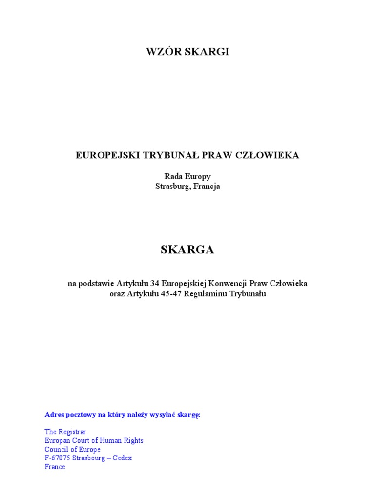 Skarga Do Etpc Przykład Wos Wzor Skargi ETPC | PDF
