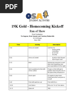 19K Gold Homecoming Kickoff Run of Show