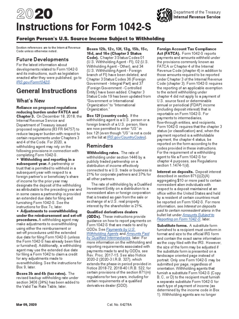 Instructions For Form 1042S PDF Withholding Tax Trust Law