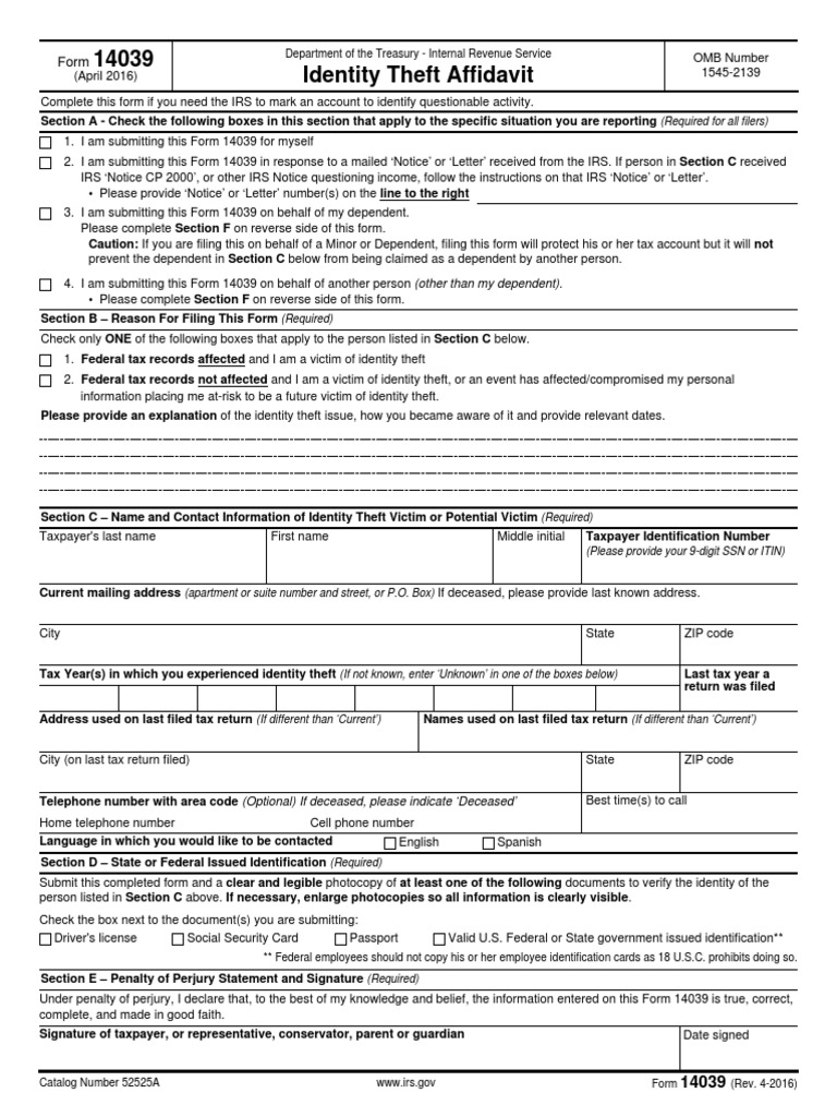 f14039 PDF | PDF | Internal Revenue Service | Identity Theft