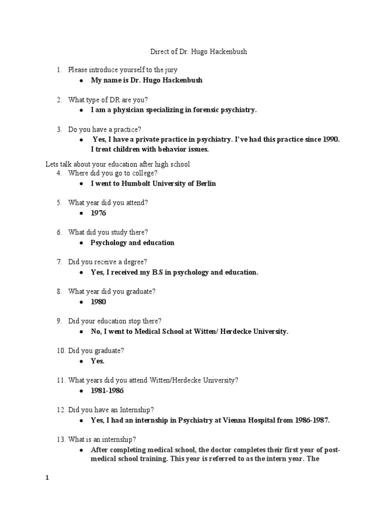 Direct Examination of Dr. Hackenbush | PDF | Psychiatry | Schizophrenia