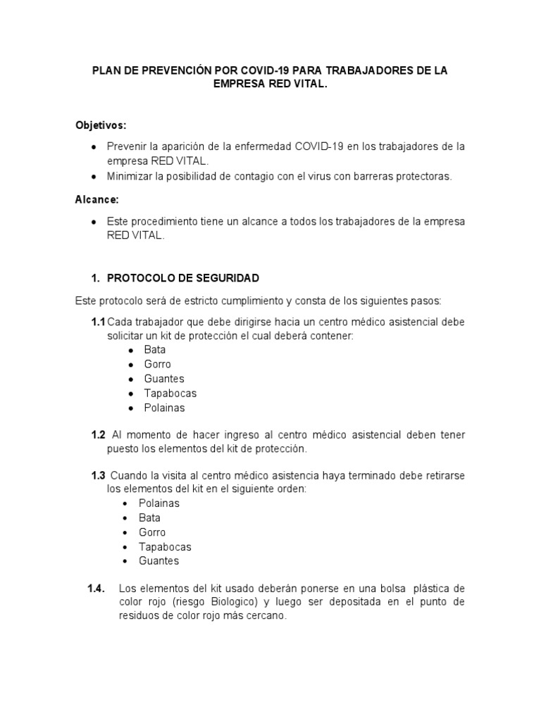 Plan de Prevención Por Covid Red Vital | PDF | Lavado de manos ...
