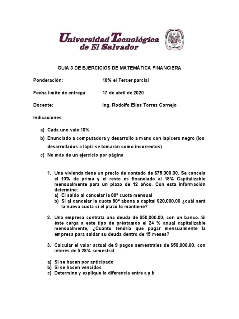 Ejercicios de Matemática Financiera | PDF | Finanzas Matemáticas | Interés