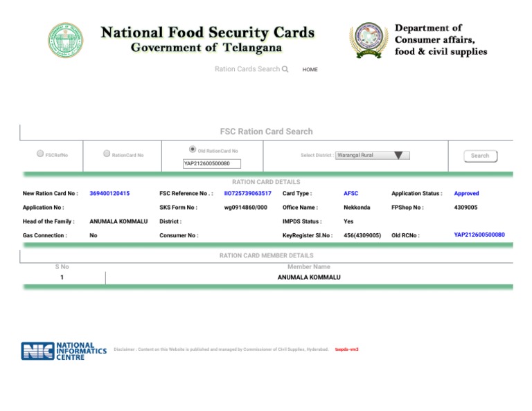 FSC Ration Card Search: Warangal Rural | PDF