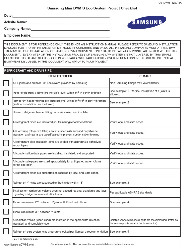 Samsung Mini DVM S Installation Checklist | PDF | Pipe (Fluid ...