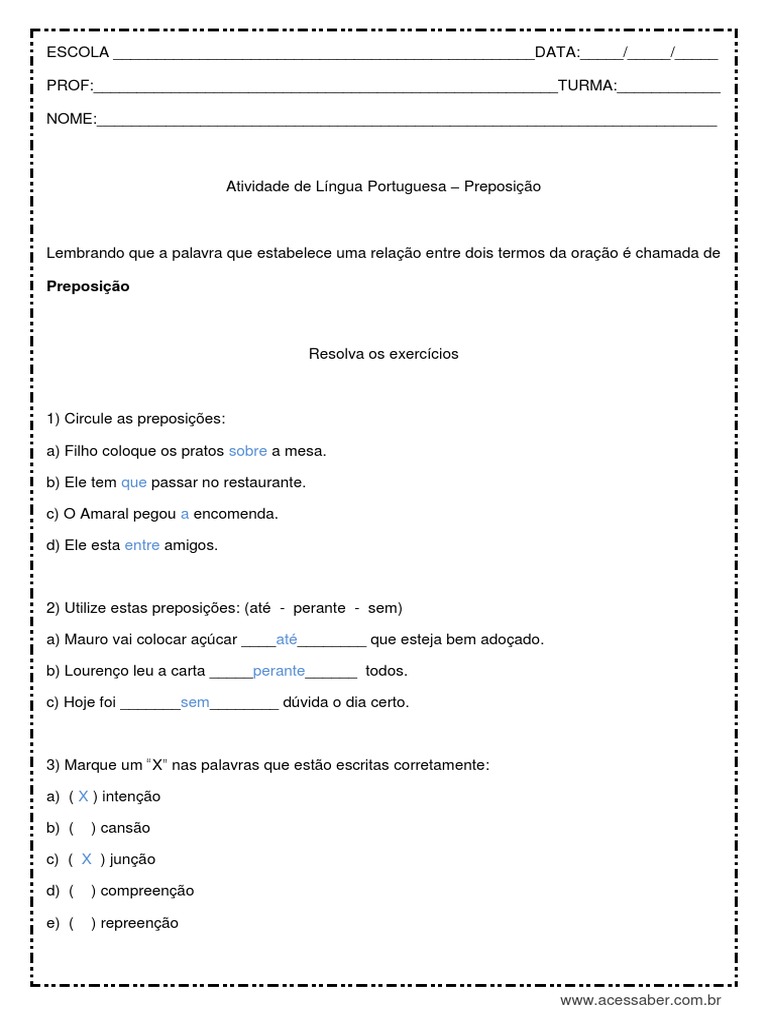 5 Ano - Preposição - Gabarito-1 | PDF
