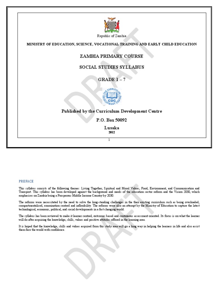 Zambia Primary Course Social Studies Syllabus Grade 1 7 PDF