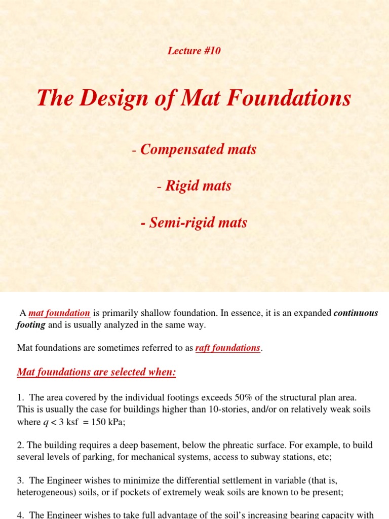 The Design of Mat Foundations: - Compensated Mats - Rigid Mats | PDF ...
