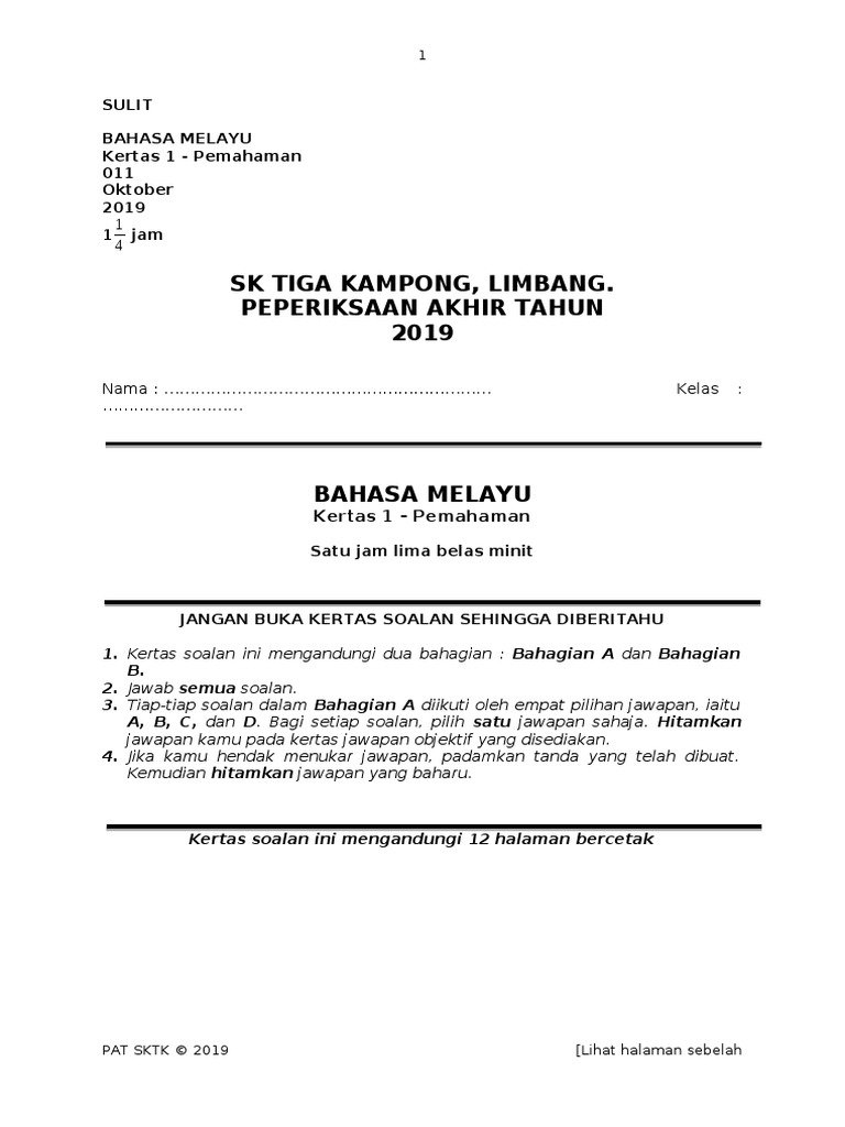 Soalan Ramalan Upsr 2019 Bm T6 K1 Pdf