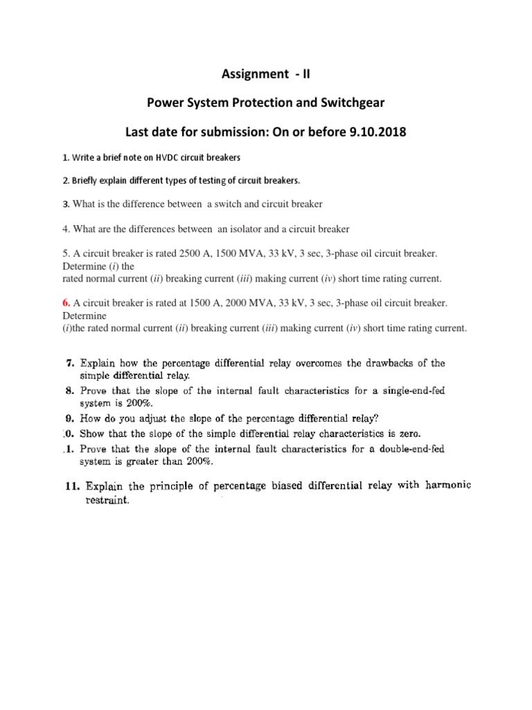 Assignment II Power System Protection and Switchgear Last Date For Submission On or Before 9.