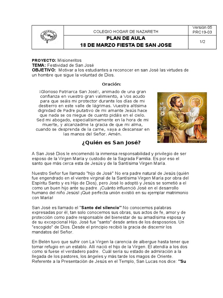 Fiesta de San José: Plan de Aula 2023 | PDF | San José | María, madre ...