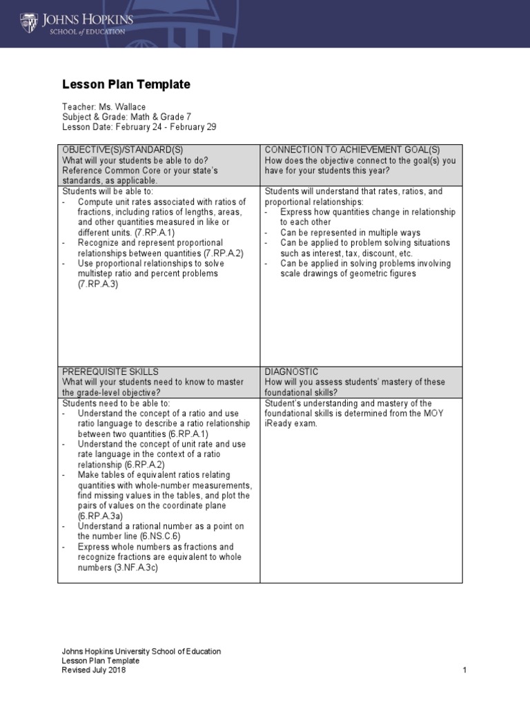 7th Grade Ratio and Proportion Lesson Plan | PDF | Ratio | Lesson Plan